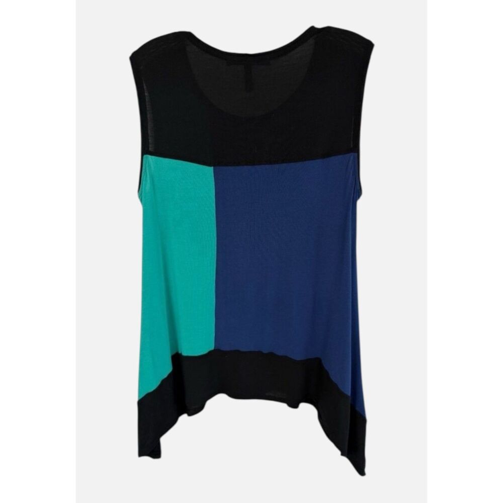 BCBGMAXAZRIA Colorblock Modal Tunic Tank Blue Teal Black Asymmetrical Hem Medium